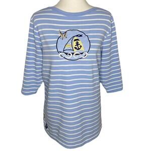 Karen Scott Sailboat Top Blue Stripe Nautical Embroidered Sz XL Preppy Coastal